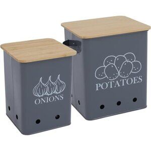 Kitchen Vegetable Storage Tins Set of 2 for Potatoes, Onion, with wooden lid